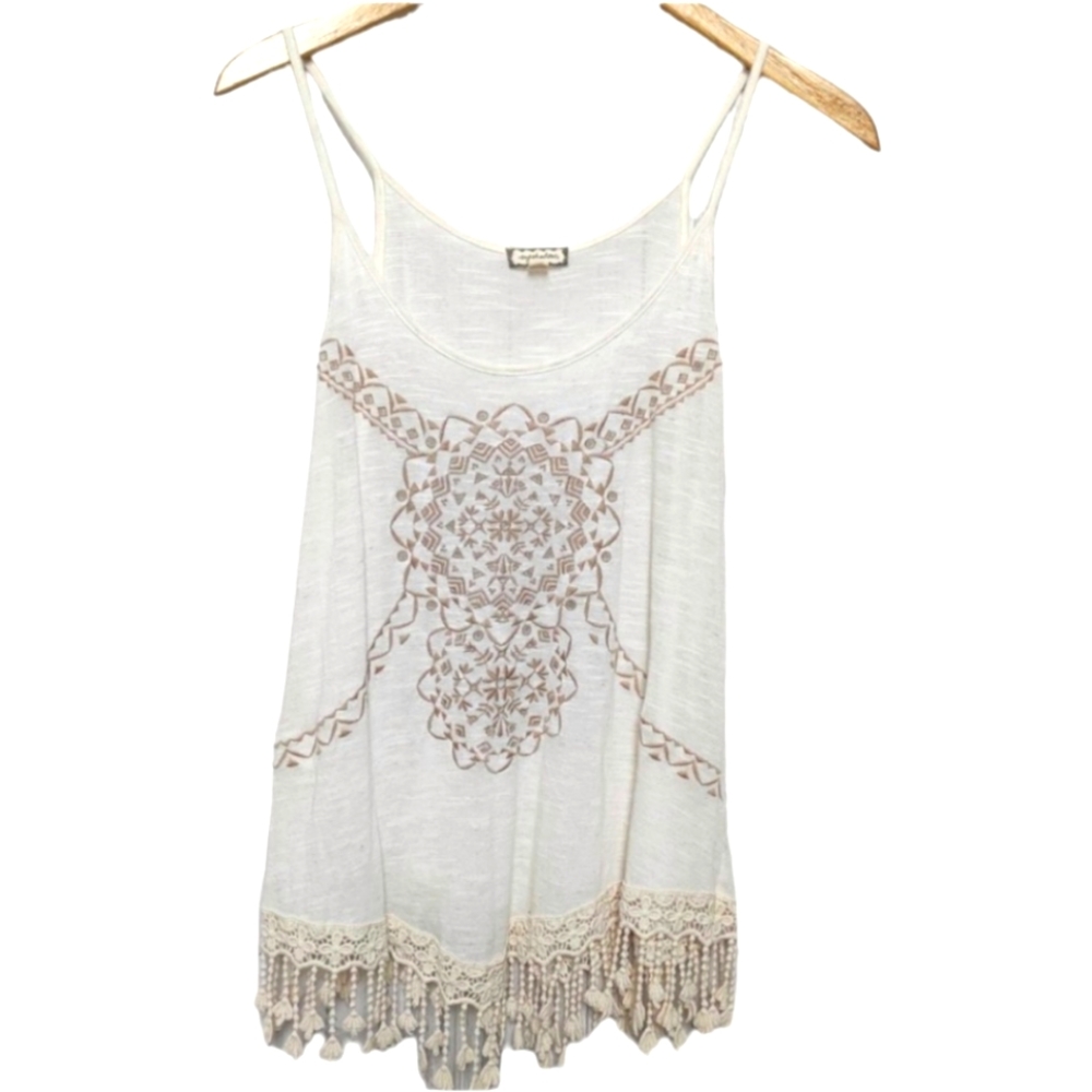 Eyeshadow Crochet Fringe Semi-Sheer Western Sleeveless Top Cream XS